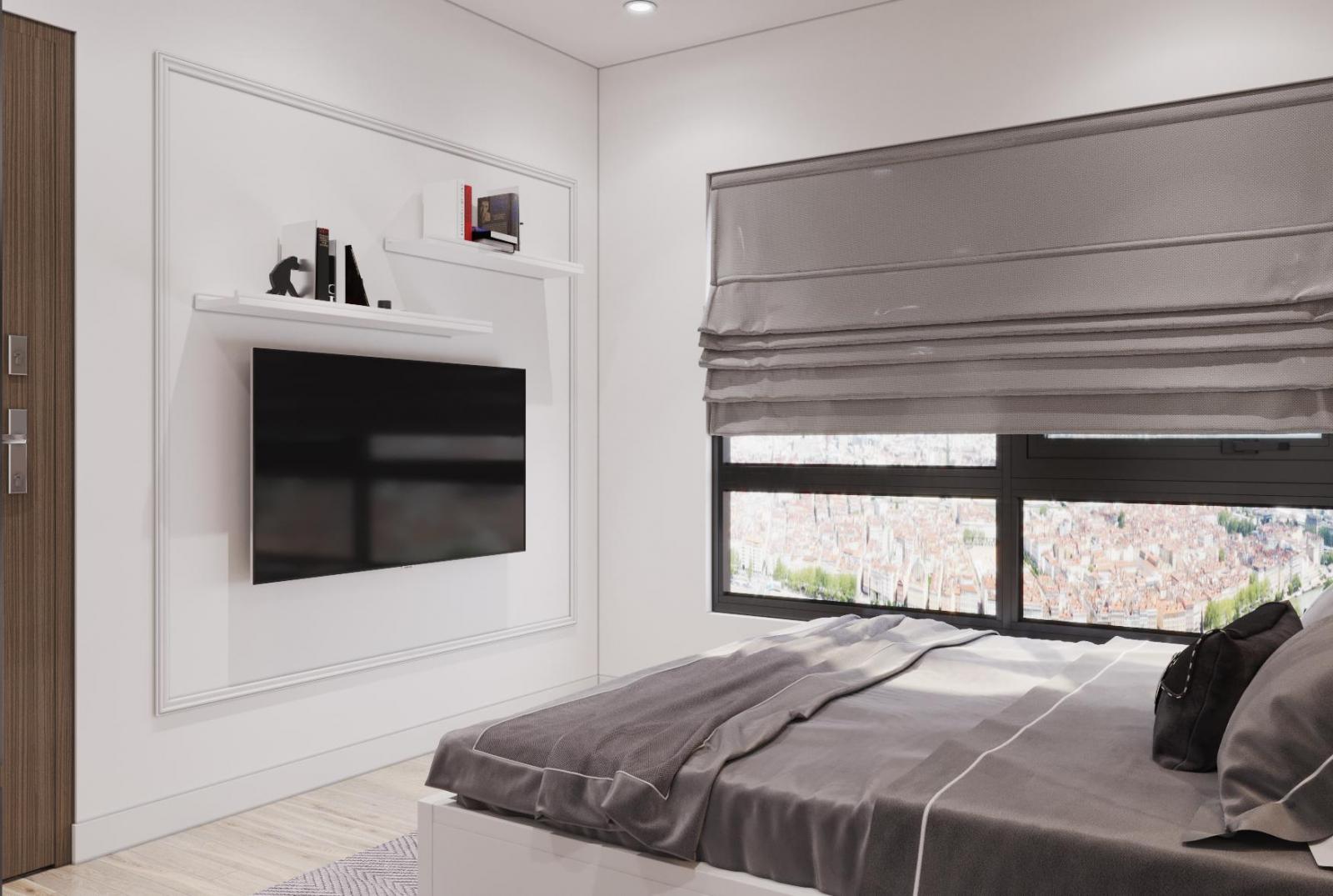 Kệ tivi treo tường trong phòng ngủ căn hộ 53m2 được thiết kế đơn giản, nhỏ gọn,  tinh tế. Sắc trắng tinh khôi như "tàng hình", không cồng kềnh, chiếm diện tích.