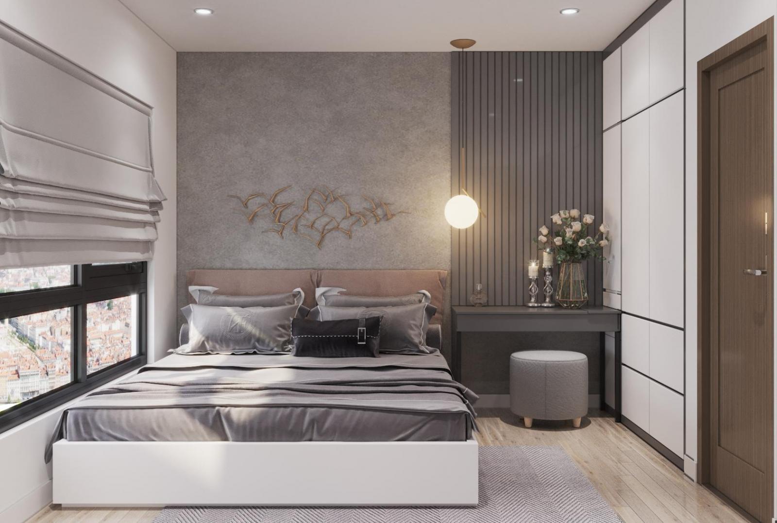 Phòng ngủ nhỏ với thiết kế nội thất tương tự. Rèm cả dày dặn giúp cản nắng, cách nhiệt hiệu quả, đồng thời đảm bảo tính riêng tư thiết yếu.