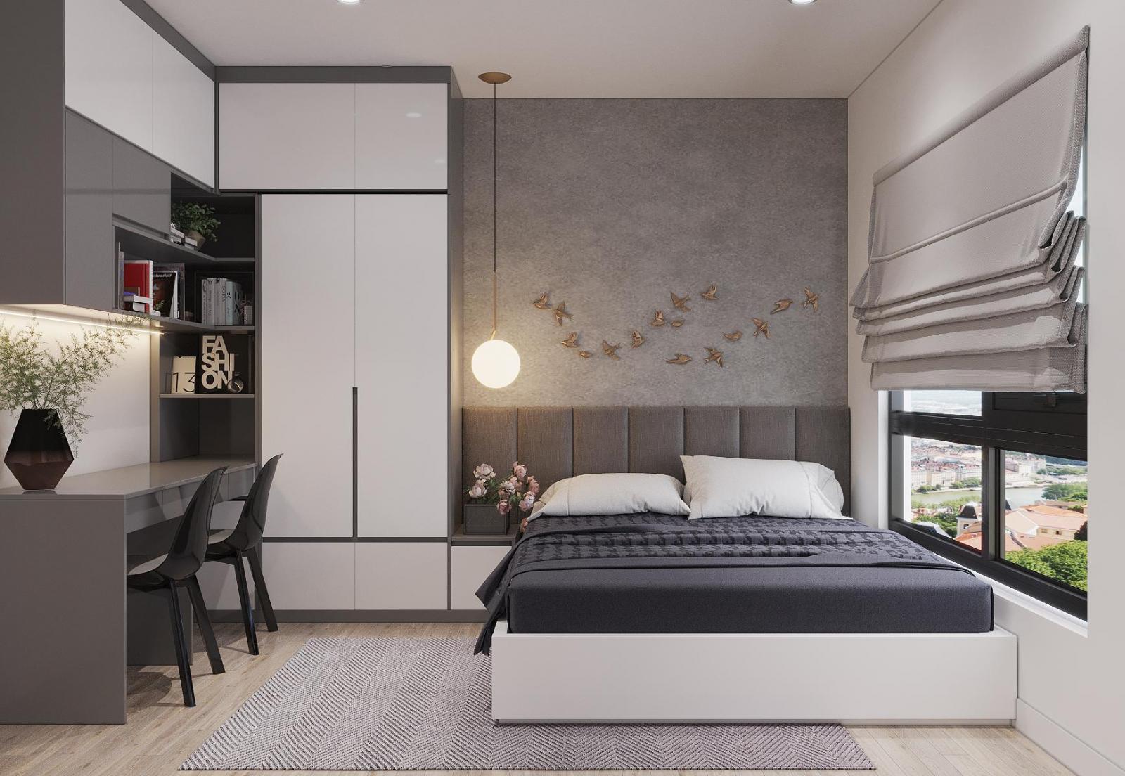 Phòng ngủ master được thiết kế với nội thất hiện đại, bảng màu trung tính sang trọng, hài hòa. Nhờ bố trí khéo léo, căn phòng đủ chỗ cho góc làm việc đôi tiện dụng.