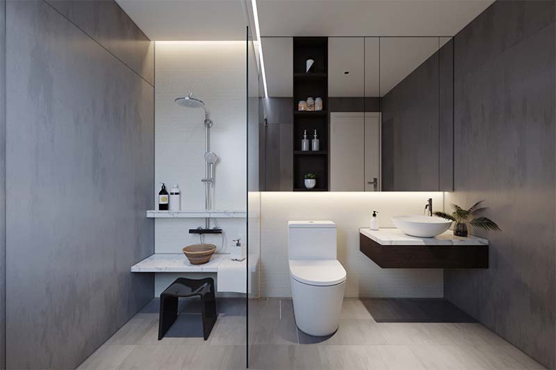Trong nhà ống 3,5 tầng, phòng tắm - vệ sinh phân tách bởi vách kính trong suốt đảm bảo sự khô thoáng, sạch sẽ cho căn phòng.