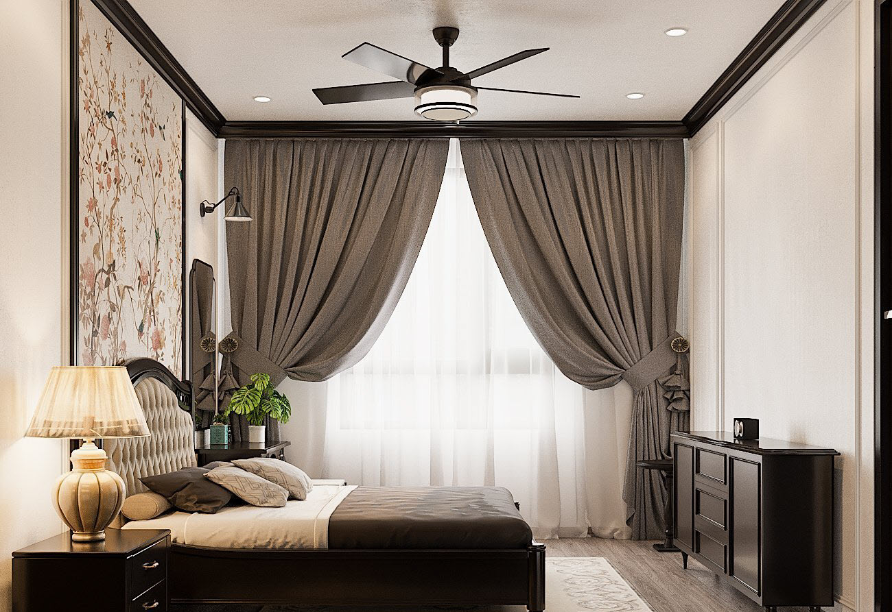 Phòng ngủ master sang trọng với bộ giường tủ màu đen bóng mang hơi hướng tân cổ điển, tranh tường đầu giường kết hợp cùng rèm cửa hai lớp buông rũ mềm mại.