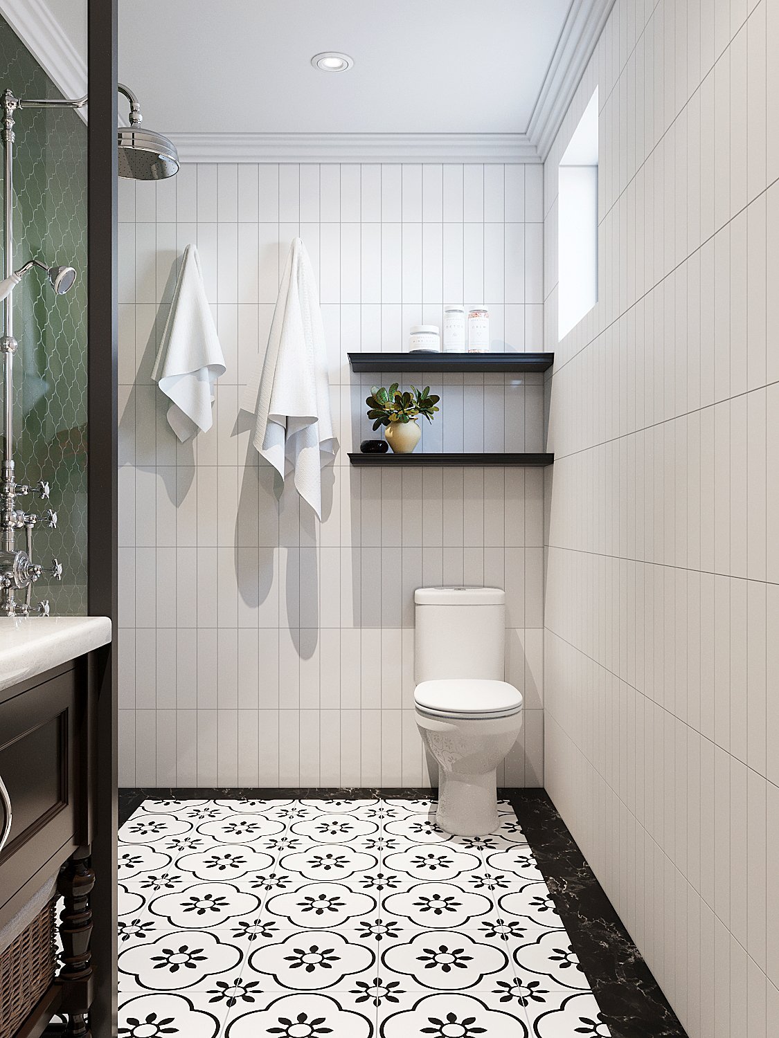 Trong phòng tắm, gạch thẻ màu trắng ốp tường kết hợp hài hòa với gạch bông hoa văn lát sàn tạo thành tổng thể có tính thẩm mỹ cao, gợi cảm giác rộng thoáng hơn.