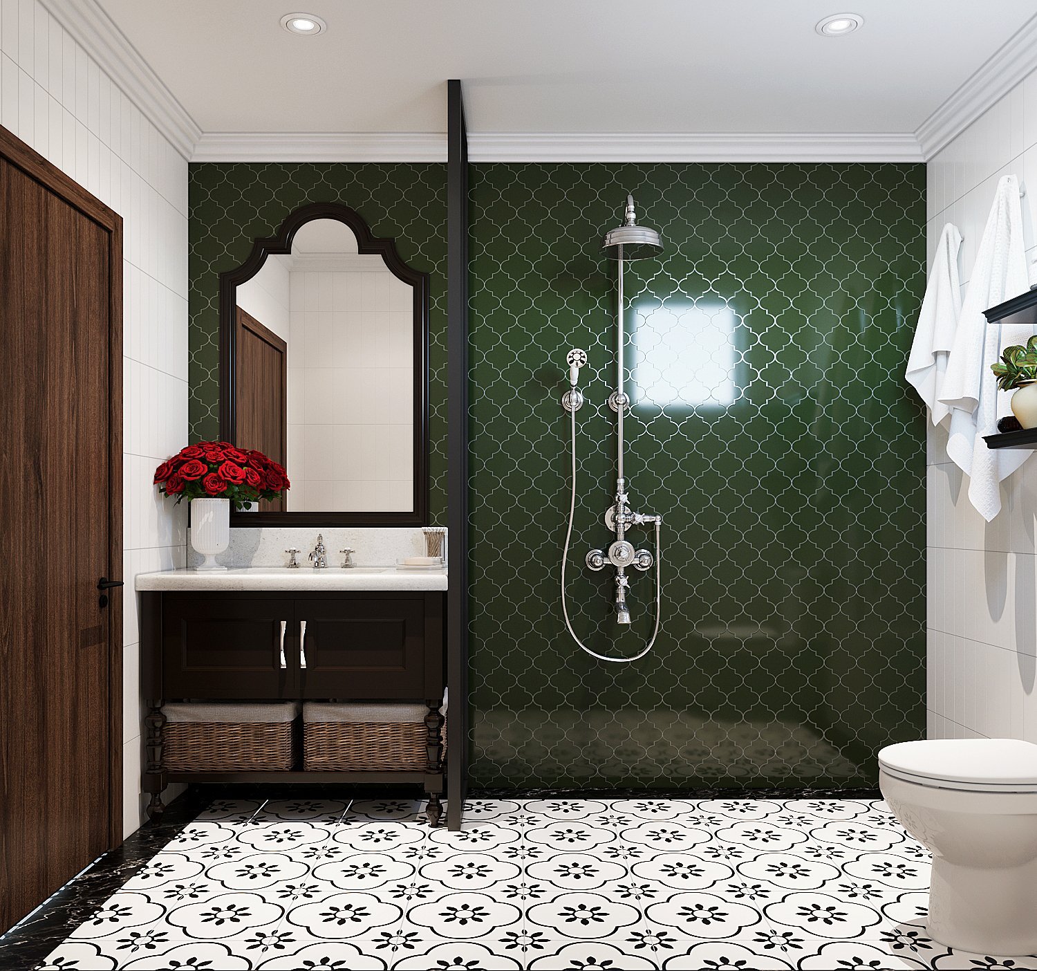 Khu vực tắm vòi sen được định vị bởi bức tường ốp gạch màu xanh lá đậm. Tông màu này cũng giúp tăng chiều sâu cho phòng tắm nhà vườn.