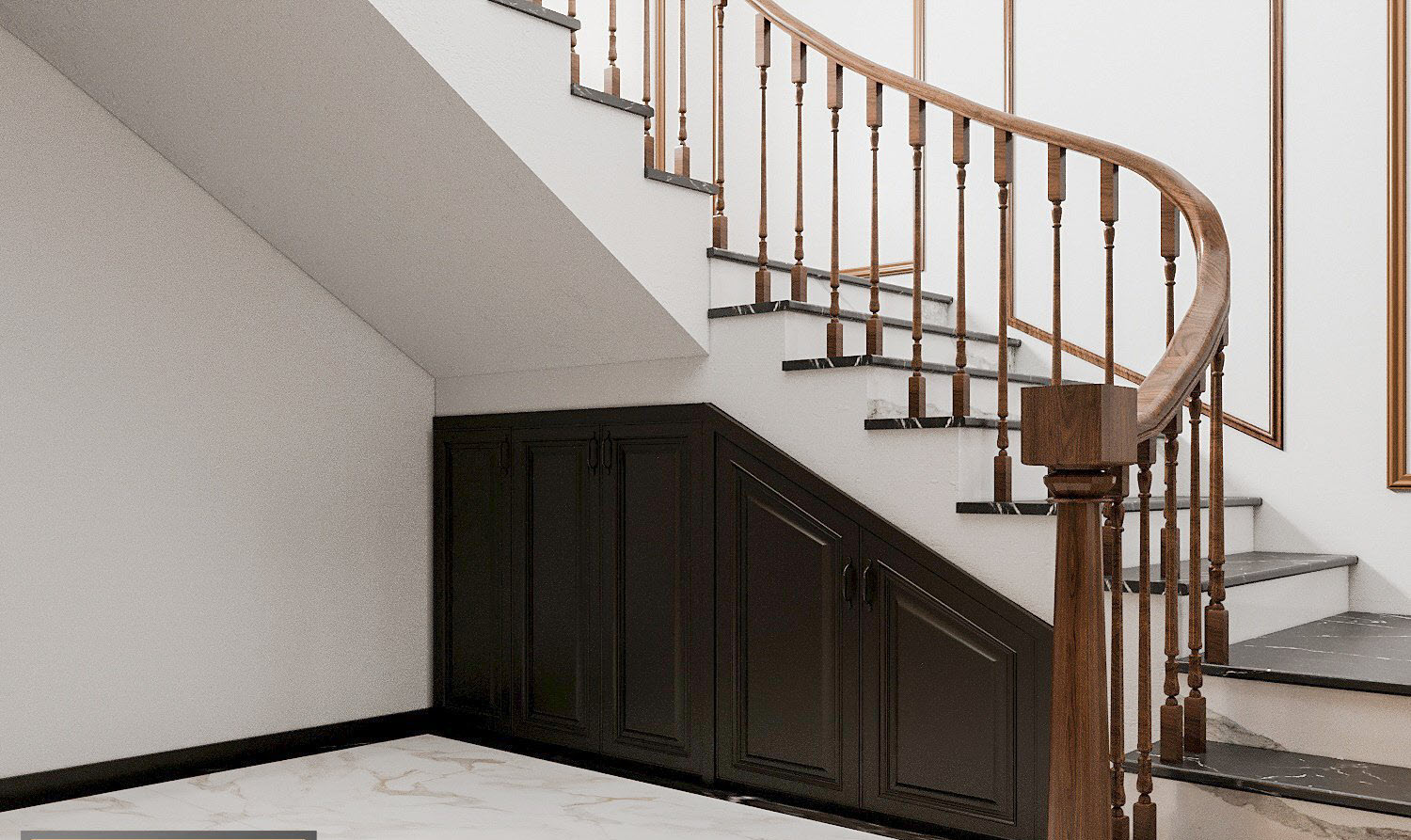 Cầu thang dẫn lên tầng trên ngôi nhà với thiết kế bậc gỗ thông thoáng. Gầm cầu thang được tận dụng làm kho chứa đồ. Cửa gỗ màu đen giúp tăng chiều sâu cho không gian.