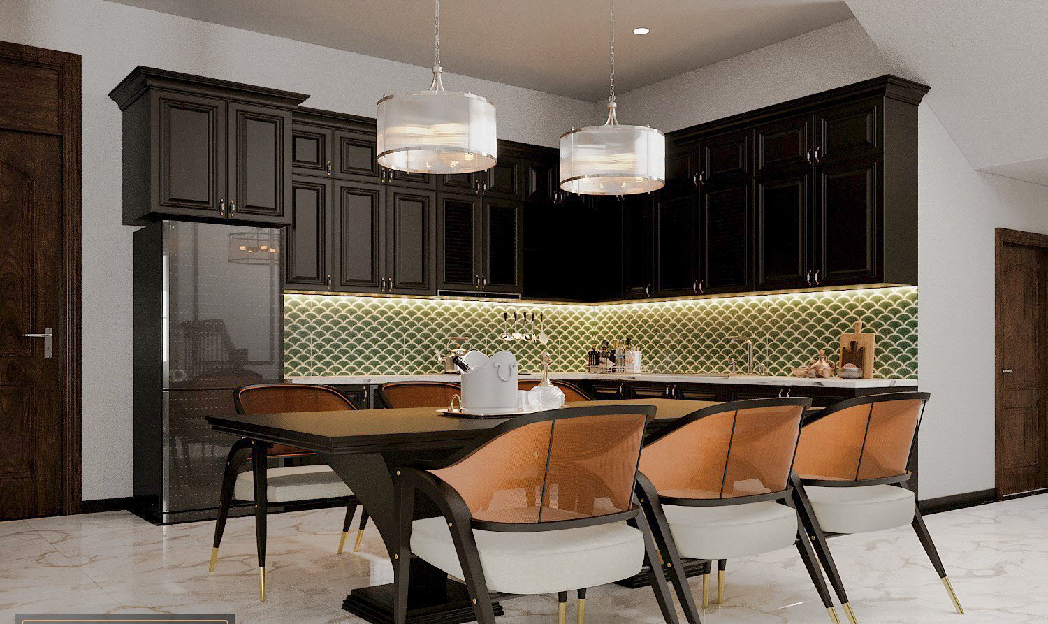 Bộ bàn ghế ăn với kiểu dáng hiện đại, tông màu sang trọng trở thành tâm điểm của gian bếp.