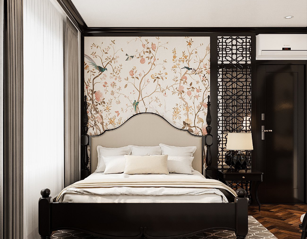 Phòng ngủ master gây ấn tượng ngay từ ánh nhìn đầu tiên bởi thiết kế nội thất vừa sang trọng, vừa ấm áp và gần gũi.