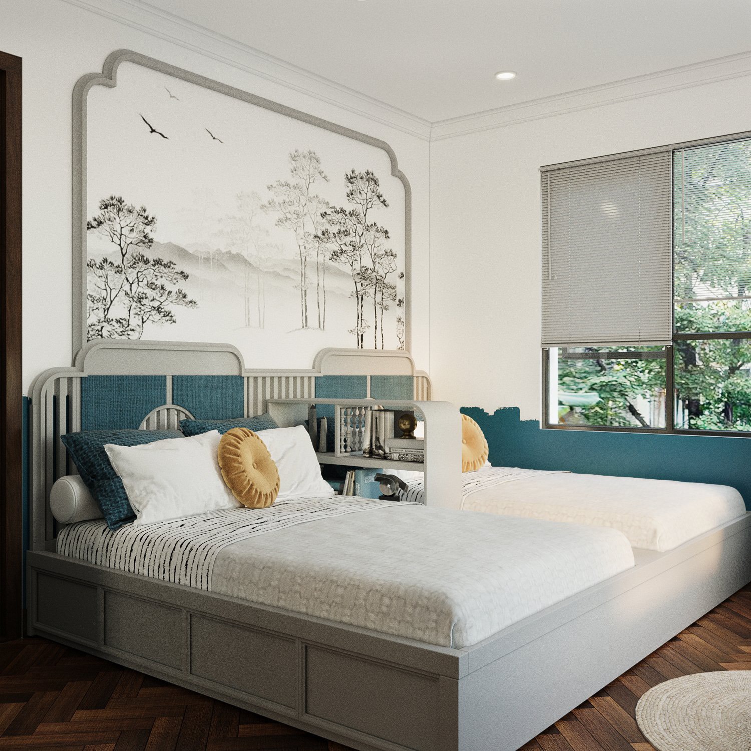 Phòng ngủ cho các con vẫn thiết kế theo phong cách Indochine đặc trưng nhưng sử dụng bảng màu trẻ trung, tươi mới hơn.