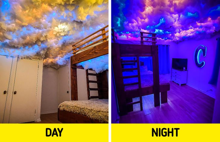 Phòng ngủ trẻ em cực ấn tượng với hiệu ứng ánh sáng trên trần nhà.