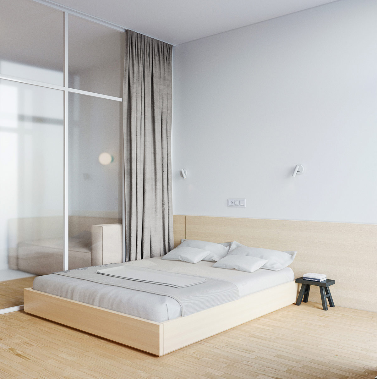 phòng ngủ với giường gỗ, tấm ván gỗ đầu giường, cửa kính trượt, rèm màu xám
