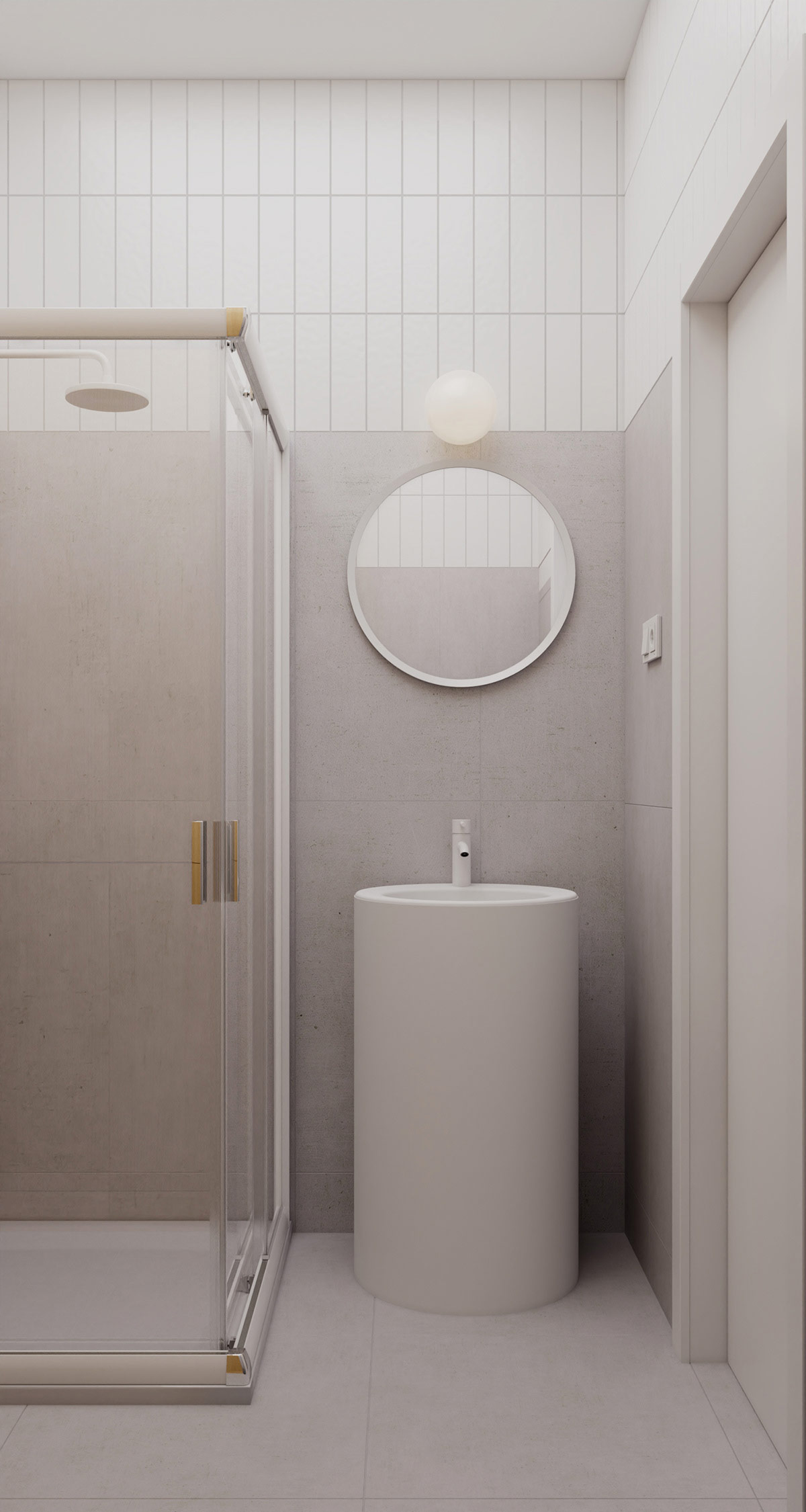 Bên trong phòng tắm, bồn rửa hình trụ và gương trang điểm tròn được kết hợp nhịp nhàng bởi đường kính giống hệt nhau của chúng.