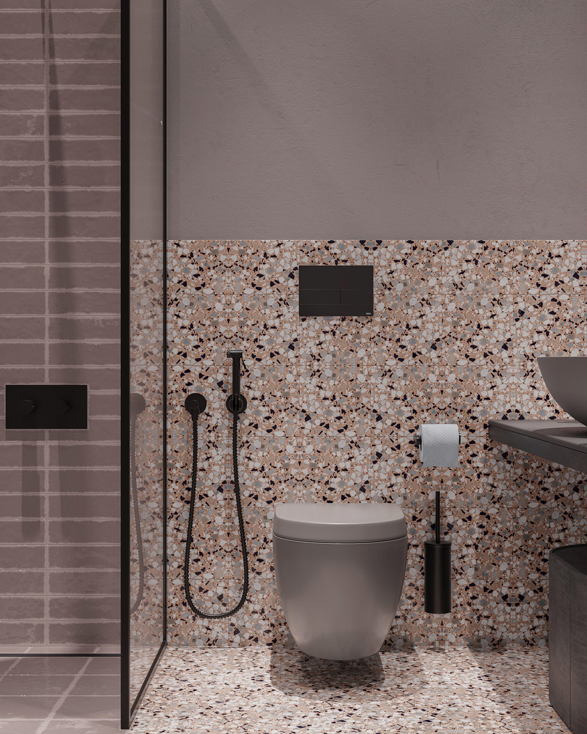 Nửa trên của phòng tắm được sơn màu xám trơn để cân bằng với những viên gạch màu sắc ở nửa tường dưới và sàn nhà.