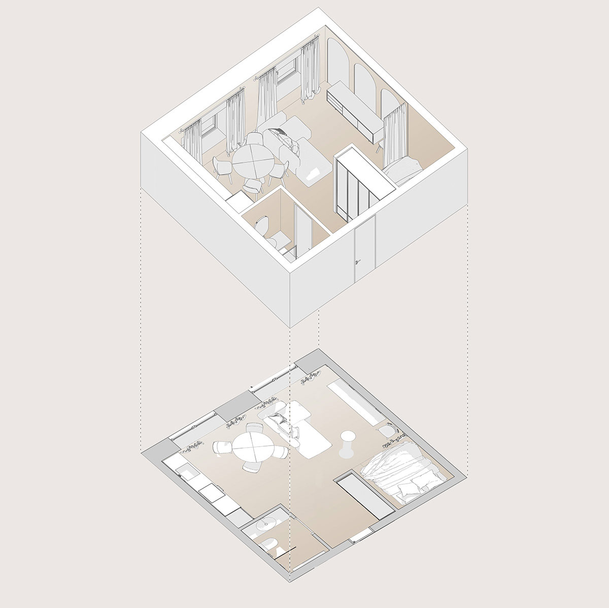 Phối cảnh thiết kế nội thất căn hộ chung cư nhỏ 34m2