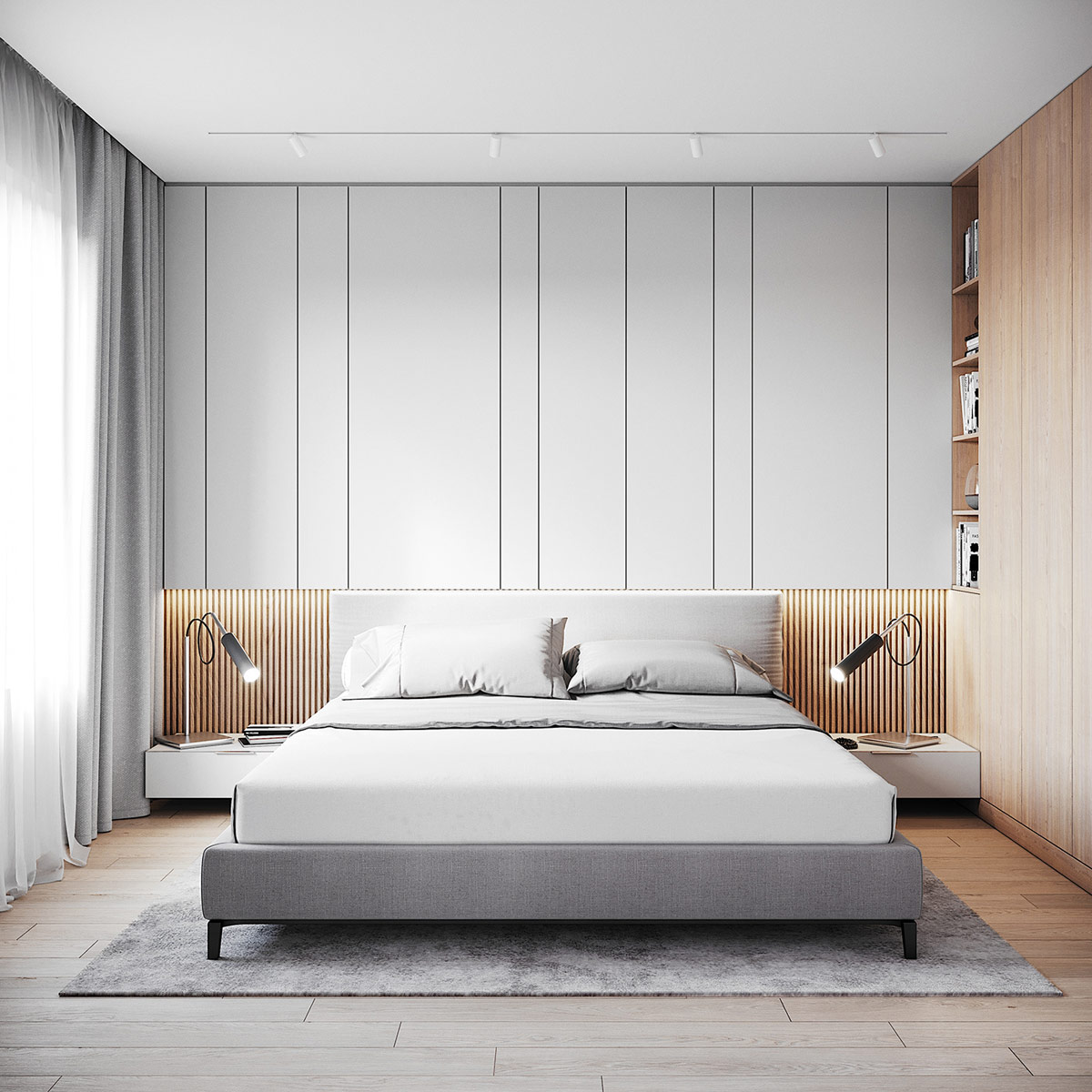 Di chuyển vào phòng ngủ, sự mở rộng của bức tường đầu giường tăng thêm sự thú vị từ việc cắt tấm ốp ở các độ rộng khác nhau.
