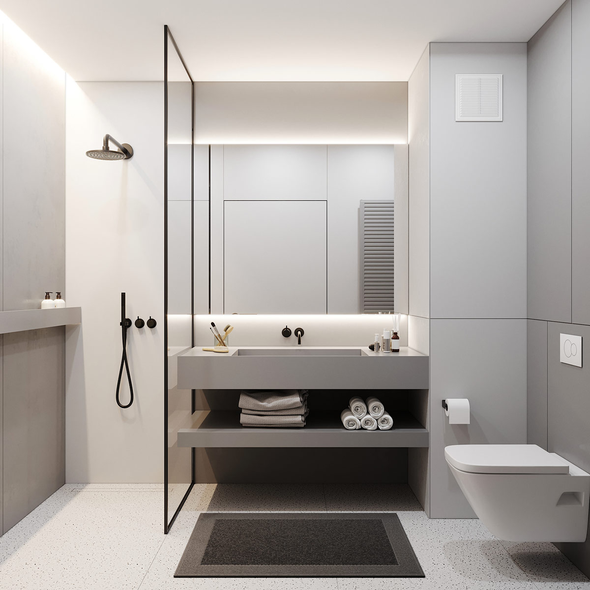 Phòng tắm tối giản được trang trí với tông màu trắng sáng chủ đạo kết hợp cùng gương kính tạo ảo giác về một không gian rộng thoáng hơn so với diện tích thực tế.