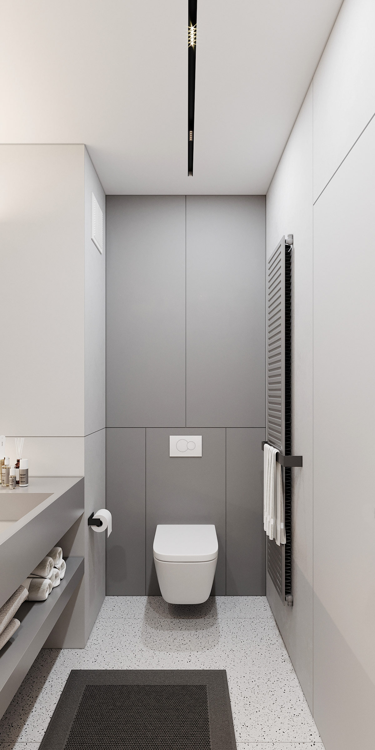 Không gian lưu trữ cho phòng tắm được thiết kế khéo léo, vừa tận dụng được triệt để diện tích phòng, vừa thoáng gọn.