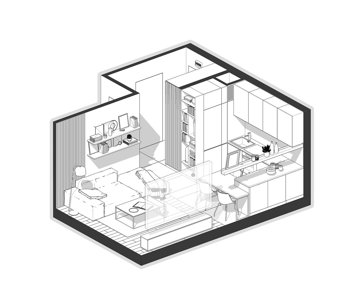 Phối cảnh thiết kế nội thất căn hộ nhỏ 38m2