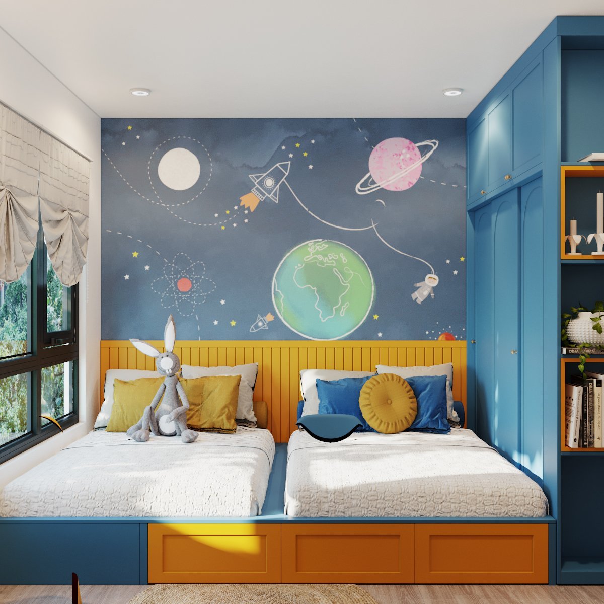 phòng ngủ với hai giường màu vàng, xanh lam, tranh tường đầu giường kiểu tàu vũ trụ
