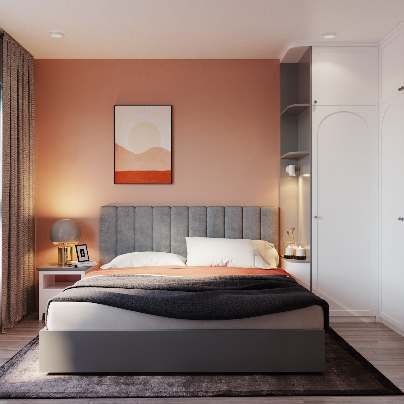 Phòng ngủ master với thiết kế nội thất tối giản mà sang trọng. Bức tường điểm nhấn đầu giường sơn màu ấm áp, thân thiện. Ánh sáng đèn được bố trí khéo léo, đủ dùng.