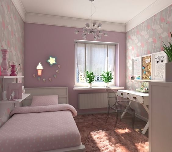 Mẫu thiết kế nội thất phòng ngủ con gái với bảng màu tím pastel nhẹ nhàng, nữ tính.