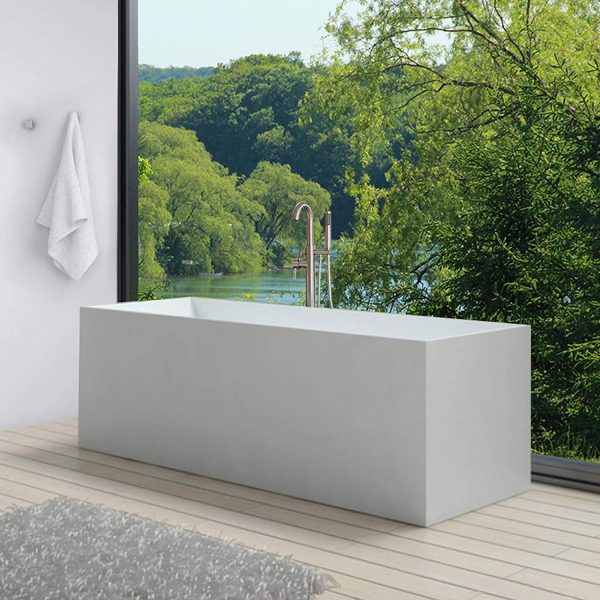 Mẫu bồn tắm đẹp với thiết kế hình hộp chữ nhật tối giản, phù hợp với phòng tắm có diện tích rộng rãi, cung cấp nhiều không gian để thư giãn.