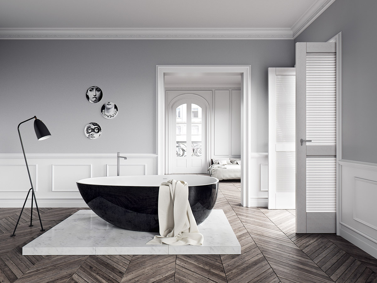 Thiết kế bồn tắm này tận dụng tối đa độ tương phản ấn tượng nhưng cũng rất thanh lịch của cặp đôi màu sắc đen - trắng. Nền đá cẩm thạch sang trọng bảo vệ sàn gỗ khỏi nước.