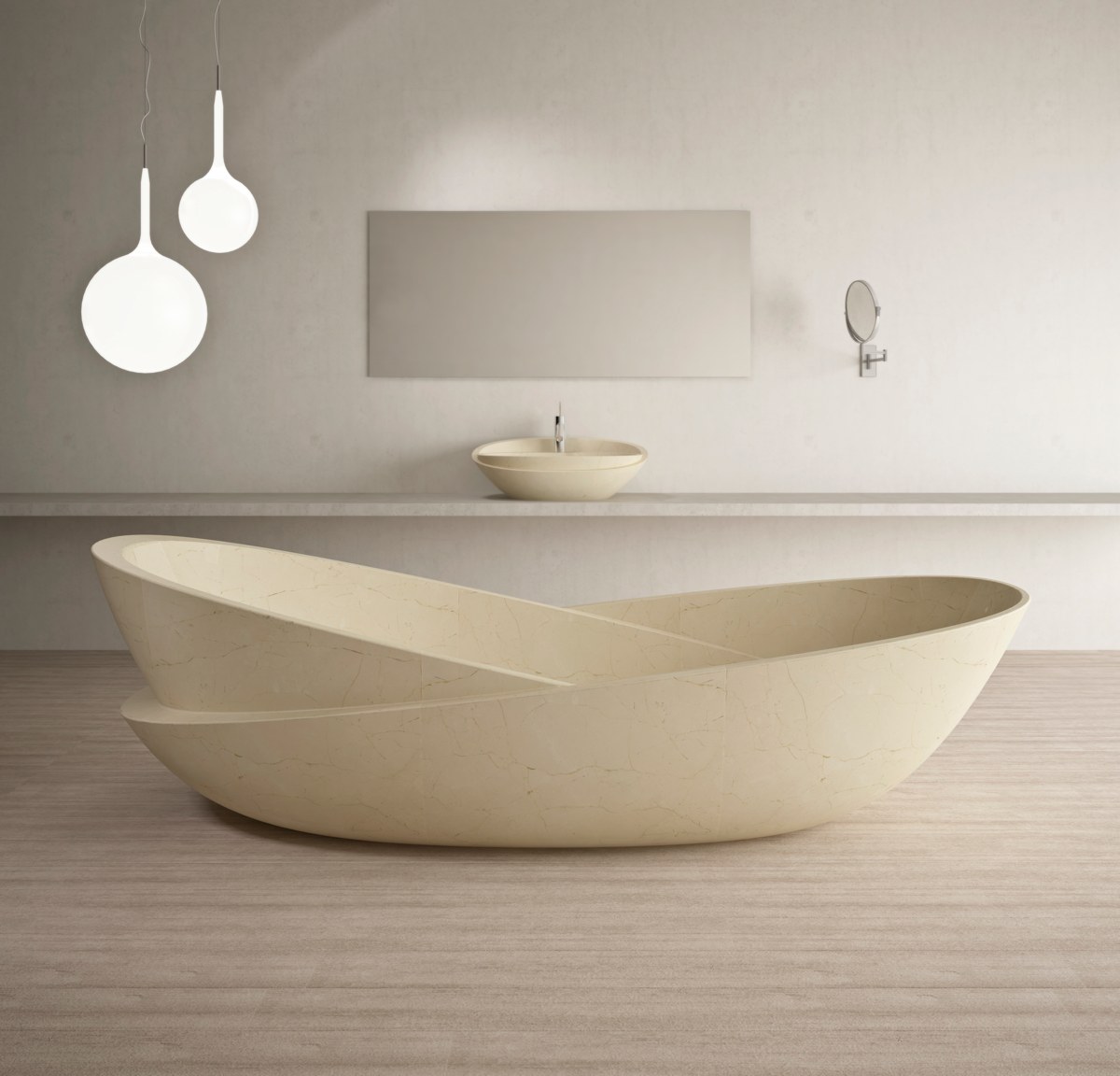 Thoạt nhìn, mẫu thiết kế bồn tắm này trông giống như hai chiếc bồn xiên lồng vào nhau. Thức tế nó là một mảnh đá cẩm thạch màu be được chạm khắc tinh xảo.