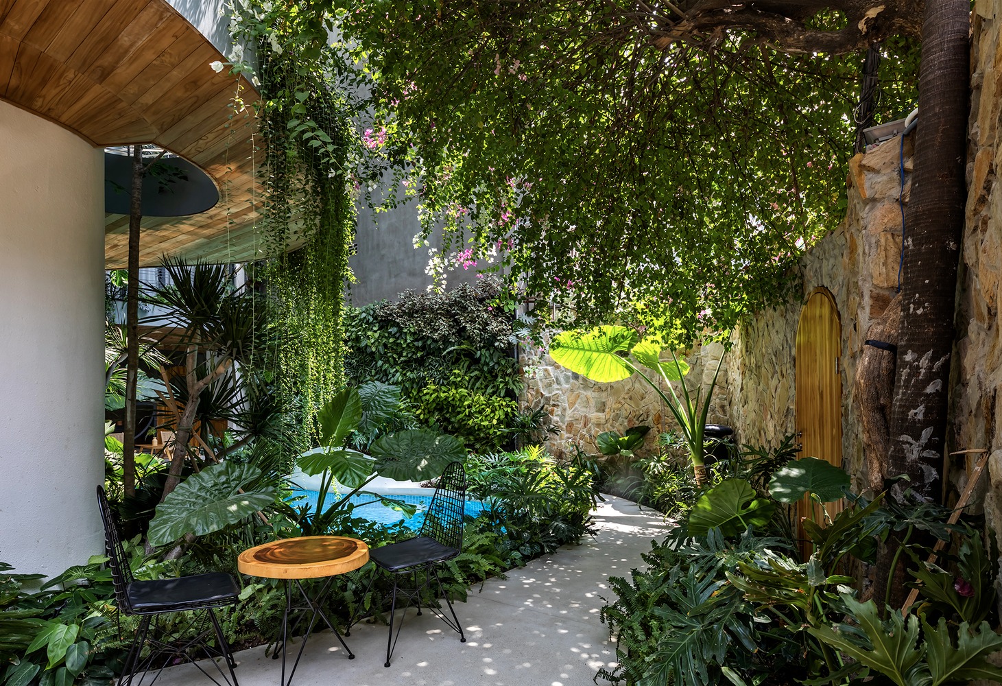 Các bức rèm cây xanh lớn xóa mờ ranh giới giữa bên trong và bên ngoài nhà, tạo ra những khu vườn khác nhau cho mỗi phòng. 