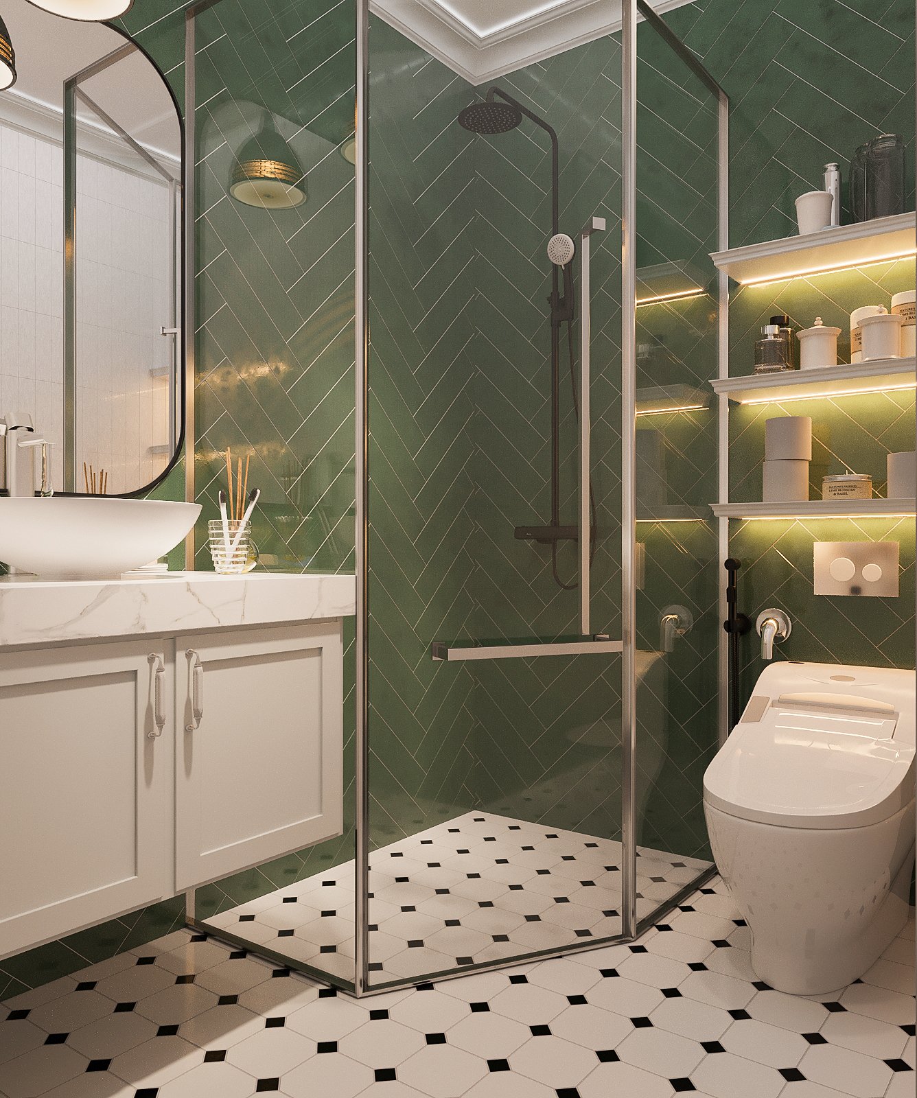 Buồng tắm vách kính trong suốt giúp tách biệt rõ ràng hai khu khô - ướt, đảm bảo cho căn phòng luôn khô ráo, sạch sẽ.