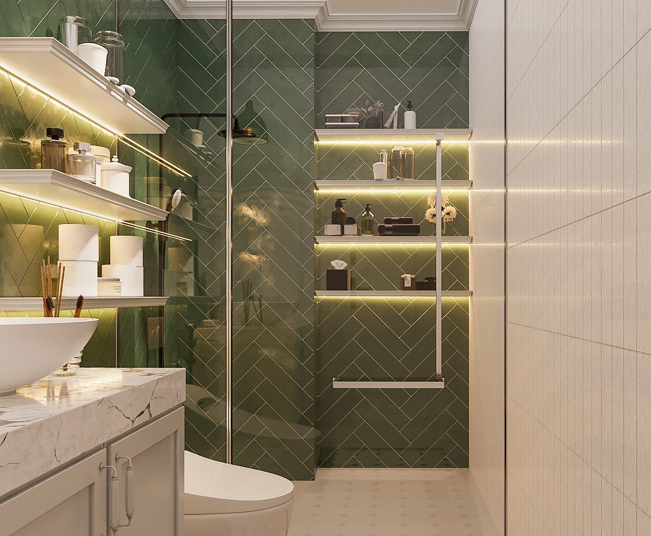 Phòng vệ sinh sang trọng với gạch ốp tường trắng - xanh lá xen kẽ tinh tế.