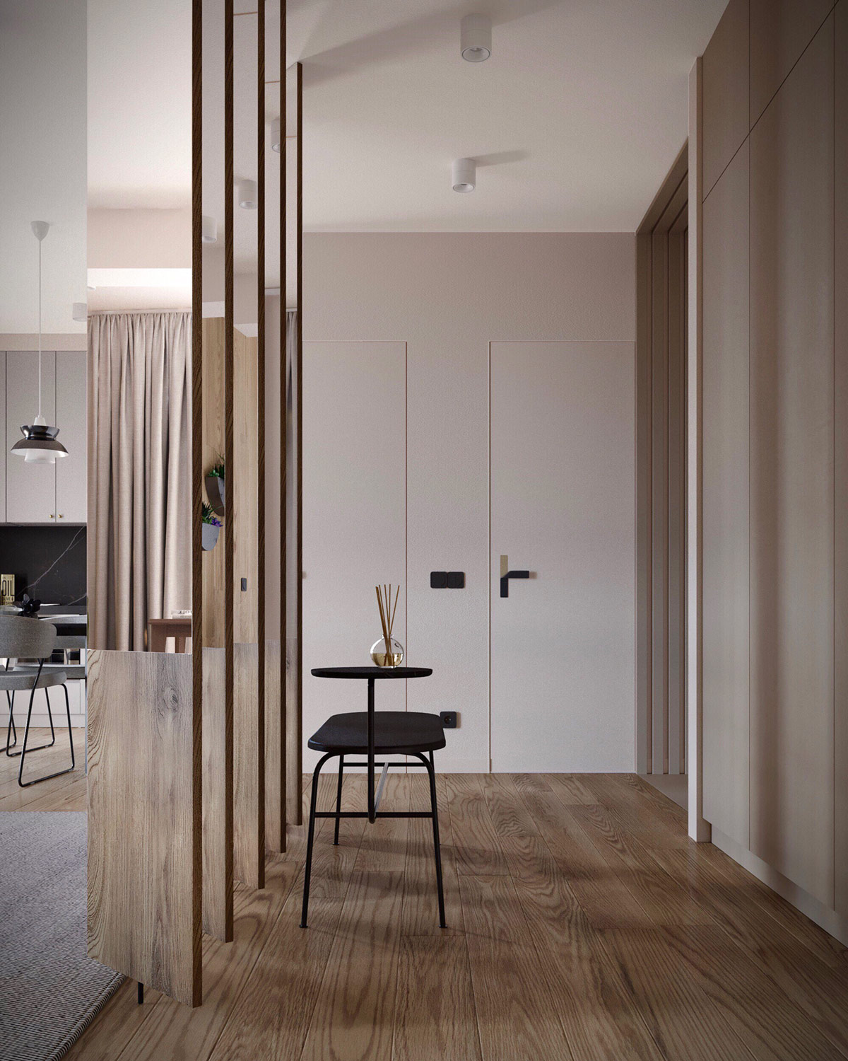 Kiến trúc sư thiết kế căn hộ với vách ngăn xoay độc đáo, phần trên của vách ngăn ốp gương, phản chiếu không gian, hút sáng tự nhiên nhằm tạo cảm giác rộng rãi hơn cho căn hộ nhỏ.