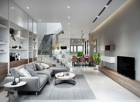 Phòng khách nhà ống sang trọng với bộ ghế sofa màu xám thanh lịch, cùng tông với thảm trải sàn và tường tivi.