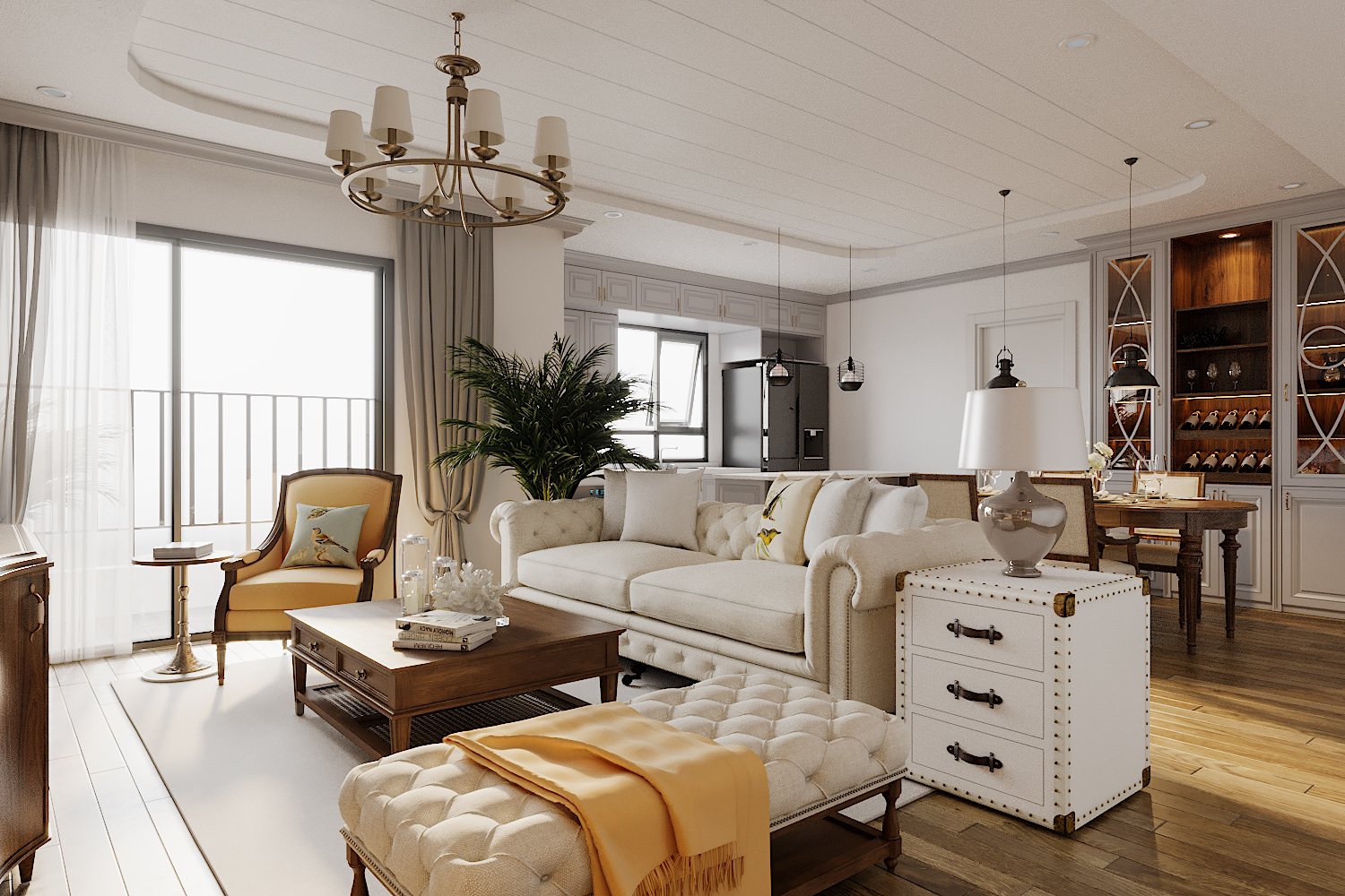 Tông màu be, trắng bao phủ hầu như toàn bộ không gian phòng khách, làm nền cho sắc vàng pastel từ ghế bành và chăn mỏng thêm phần nổi bật.