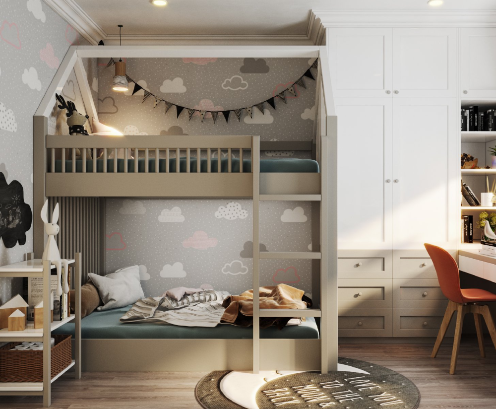 Phòng trẻ em được kiến trúc sư chú trọng và tỉ mẩn trong từng chi tiết thiết kế, dù là nhỏ nhất nhằm mang đến cho bé không gian ngủ nghỉ, thư giãn thoải mái nhất.