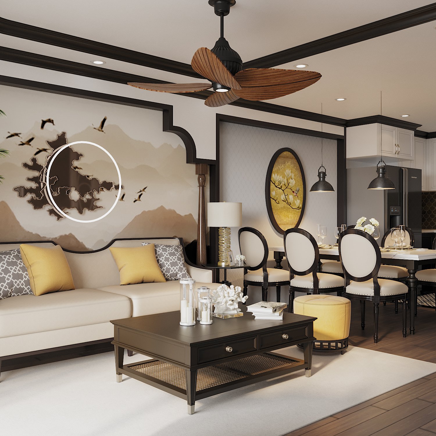 Liền kề với phòng khách là phòng ăn sang trọng với tranh tường màu vàng cùng tông với đôn ngồi và gối tựa sofa phòng khách, tạo sự kết nối tinh tế.