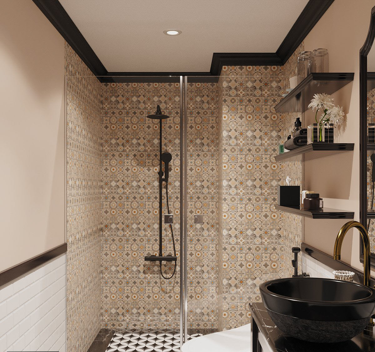 Thiết kế phòng tắm tuân thủ nguyên tắc phối màu xuyên suốt căn hộ với 3 tông trắng - đen - vàng chủ đạo. Vách kính trong suốt đảm bảo khu vệ sinh bên ngoài luôn khô thoáng.