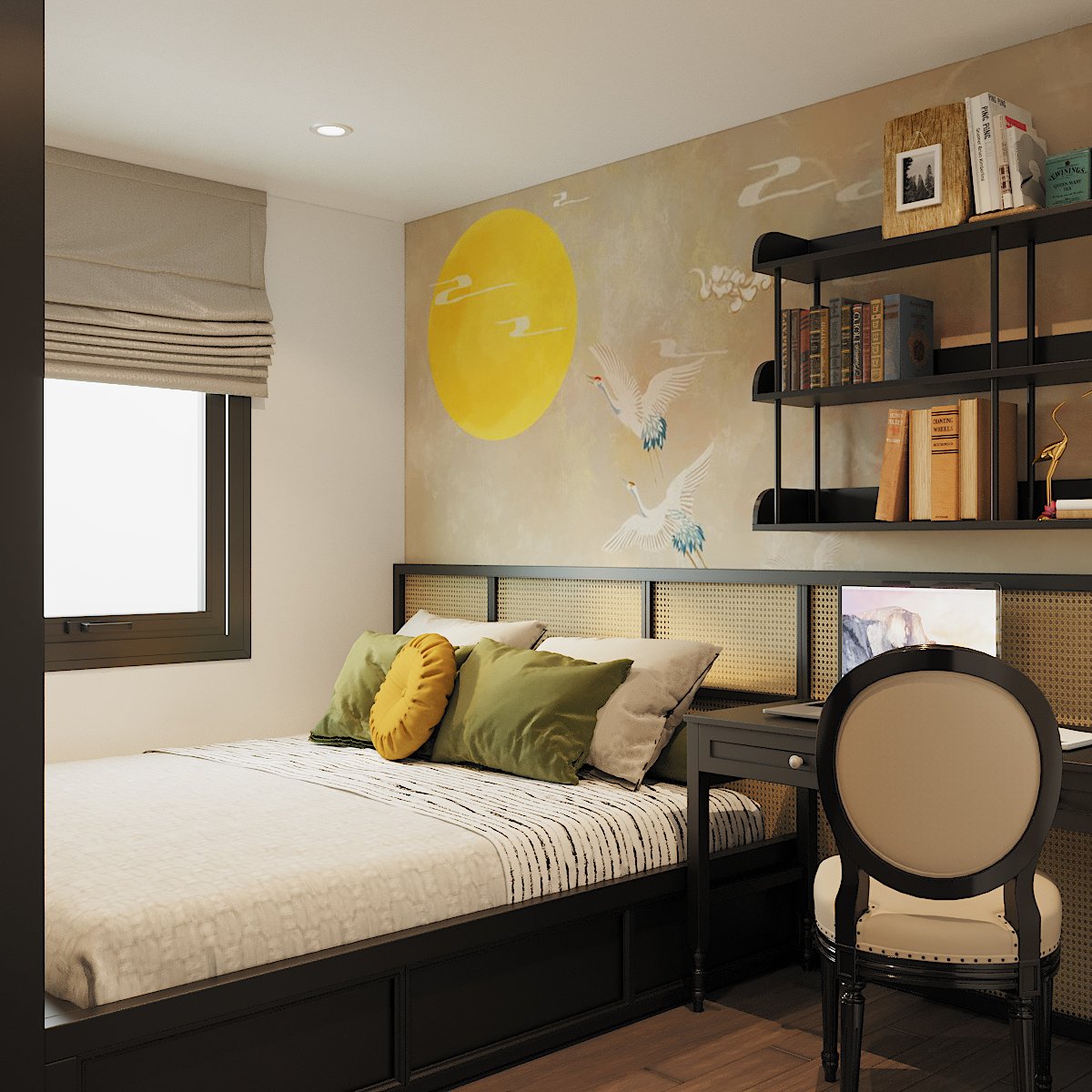Một phòng ngủ khác trong căn hộ phong cách Đông Dương với thiết kế nội thất tương tự, tuy nhiên tông màu sử dụng có phần trẻ trung, tươi mới hơn.