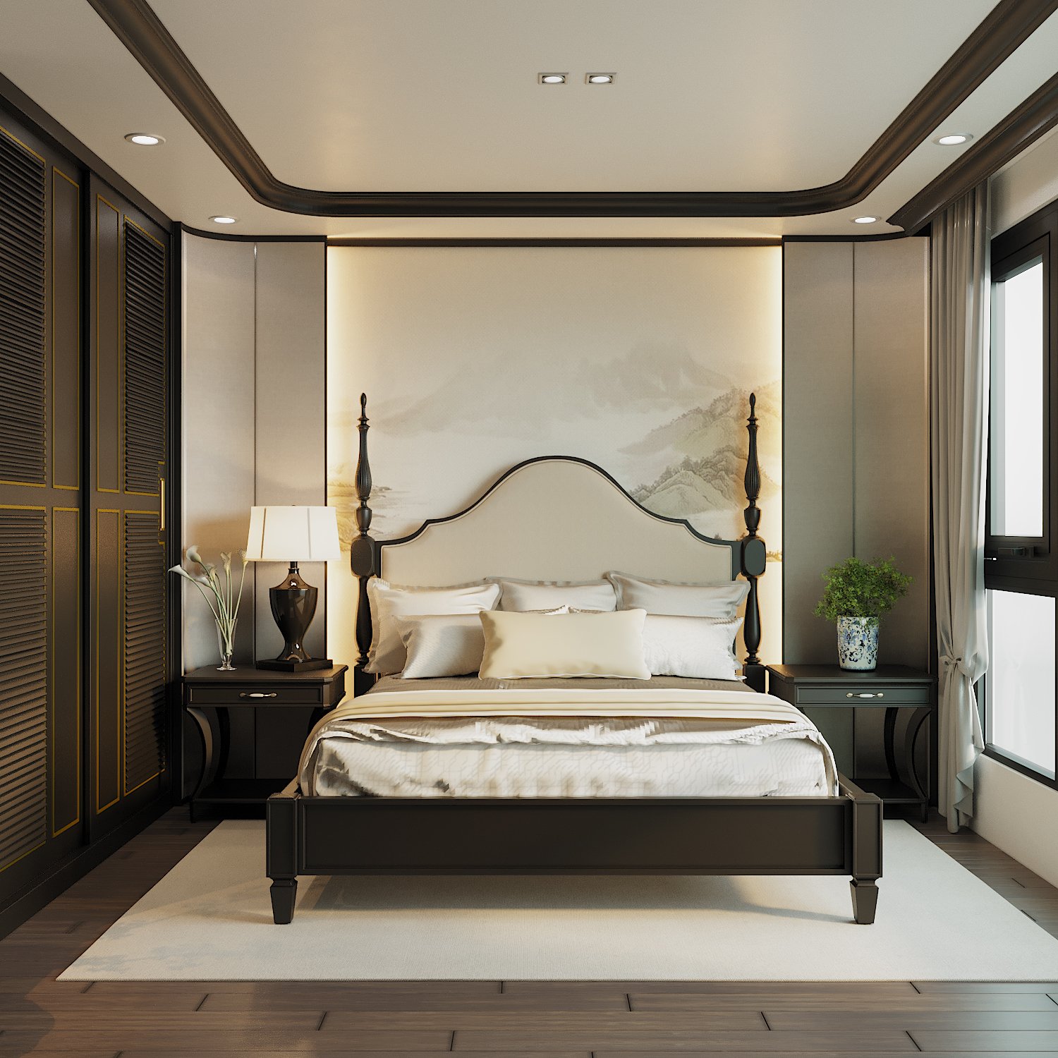 Giường và mảng tường decor đầu giường trở thành điểm nhấn cực hút mắt cho phòng ngủ master. Lối bài trí đối xứng không hề nặng nề, mô phạm như kiểu nội thất xưa cũ.