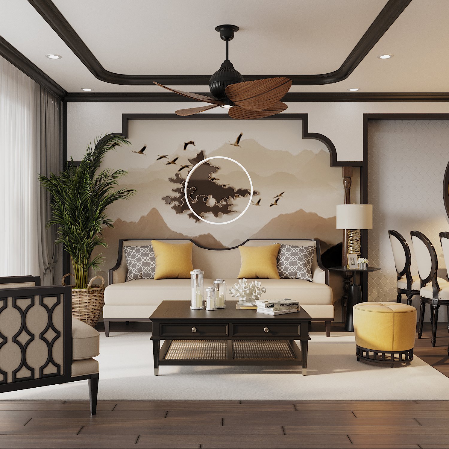 Không gian phòng khách căn hộ đậm chất Indochine với đường nét nội thất và tạo điểm nhấn cách trang trí mang hơi hướng cổ điển, truyền thống.