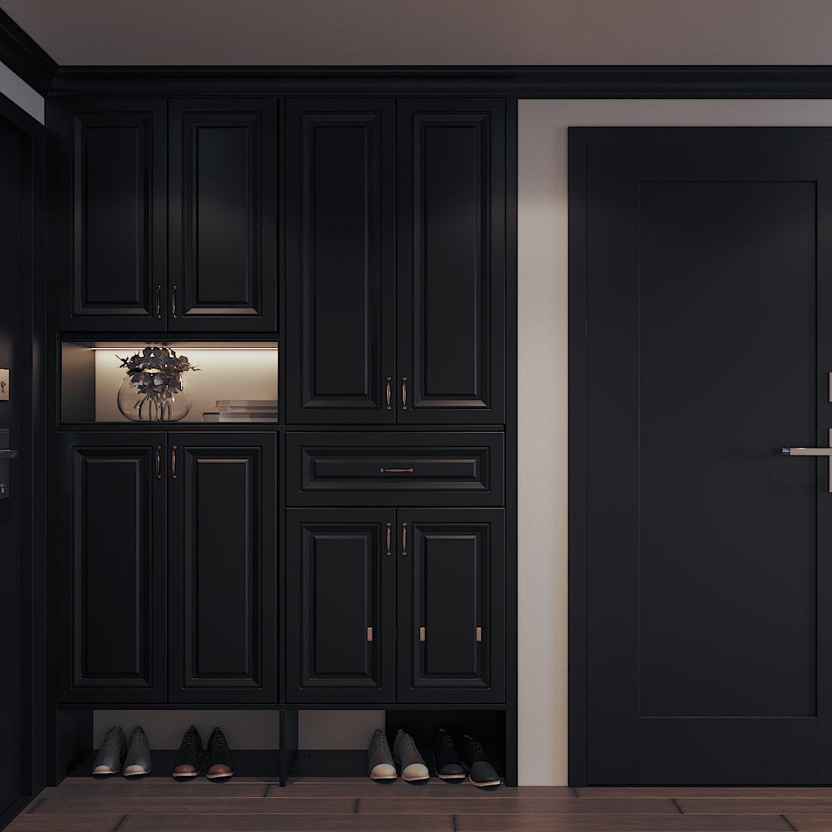 Mảng tường cạnh lối vào căn hộ được tận dụng để bố trí hệ tủ lưu trữ giày dép gọn đẹp, tông màu đen sang trọng, sạch sẽ.