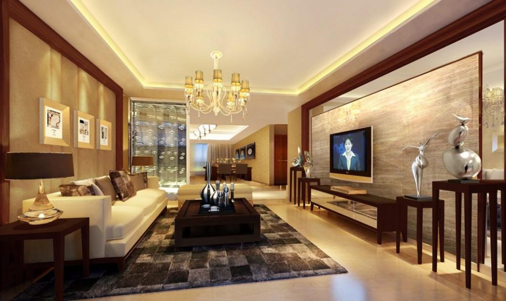 Phòng khách biệt thự 2 tầng mái Thái rộng rãi, bài trí nội thất sang trọng với tông màu trung tính trầm trang nhã, thanh lịch.