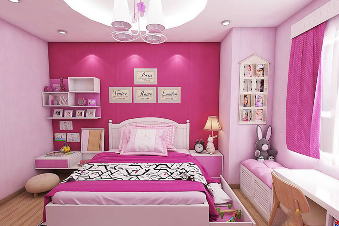 Nếu "công chúa" nhà bạn chuộng màu hồng, bạn có thể tham khảo mẫu phòng ngủ dành cho bé gái này. Căn phòng tích hợp góc học tập, thư giãn cho trẻ.