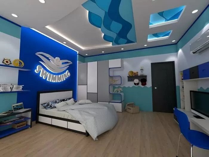Mẫu thiết kế phòng ngủ dành cho bé trai với tông màu xanh - trắng kết hợp hài hòa.