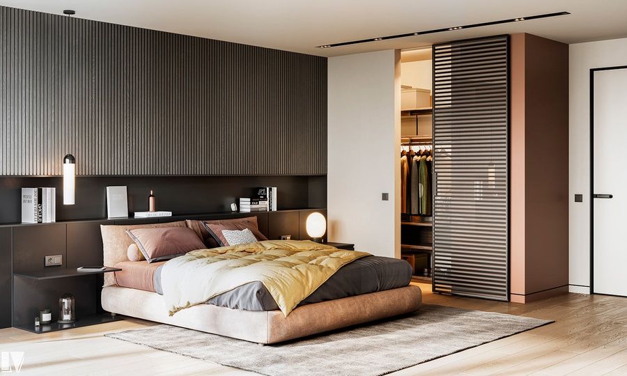 Phòng ngủ master bài trí theo phong cách hiện đại với nội thất cao cấp, sang trọng.