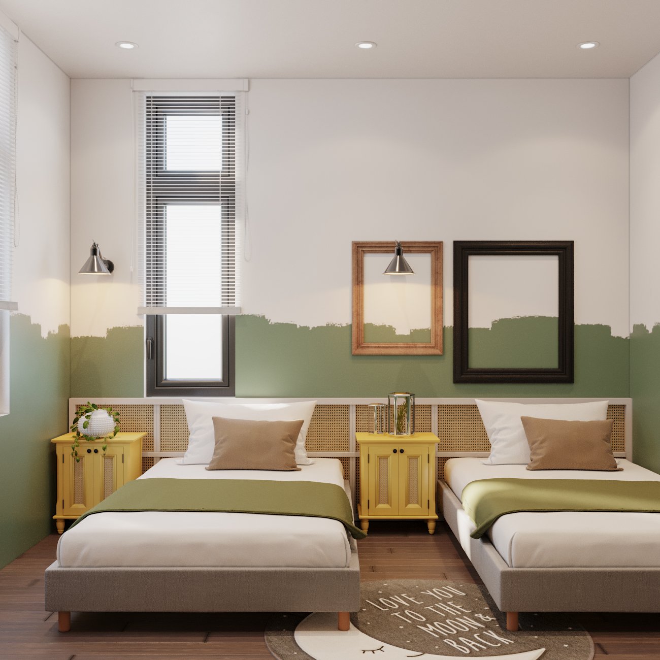 Một phòng ngủ khác với hai giường riêng biệt, bài trí bằng những tông màu trẻ trung, hiện đại hơn như xanh lá cây, vàng bơ, nâu nhẹ...