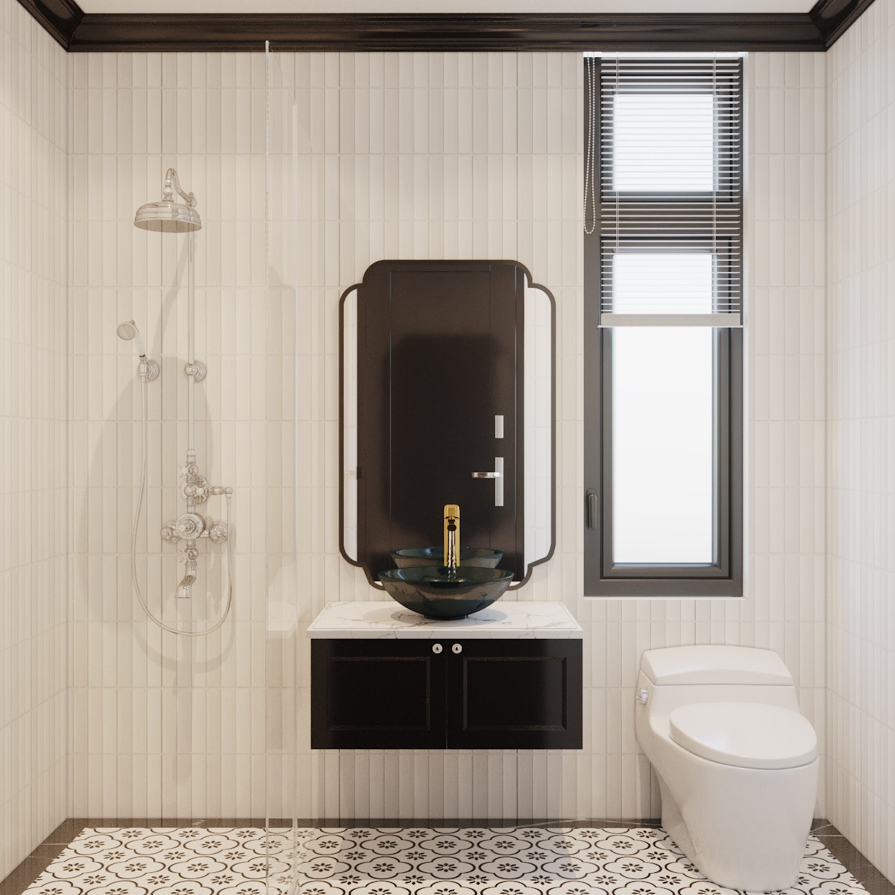 Nội thất phòng tắm cũng được lựa chọn tinh tế với bồn rửa màu đen huyền bí, nổi bật trên phông nền màu sáng trung tính chủ đạo.