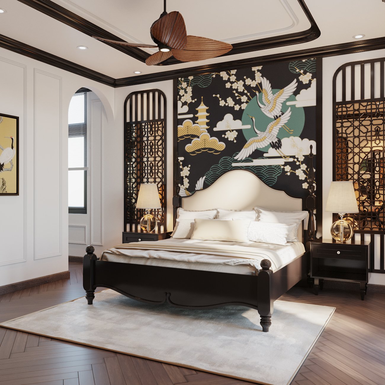 Phòng ngủ master của vợ chồng gia chủ được thiết kế tựa như một tác phẩm nghệ thuật tinh xảo với tranh đầu giường và vách lam thông thoáng.