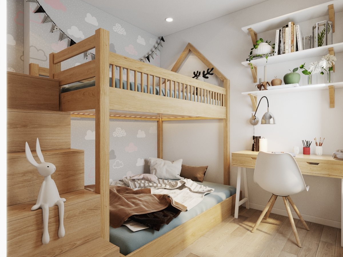Phòng trẻ em trong căn hộ 63m2 được thiết kế kiểu giường tầng vừa phong cách, vừa tiết kiệm diện tích, đảm bảo cho các bé ngủ nghỉ, thư giãn, học tập hàng ngày.