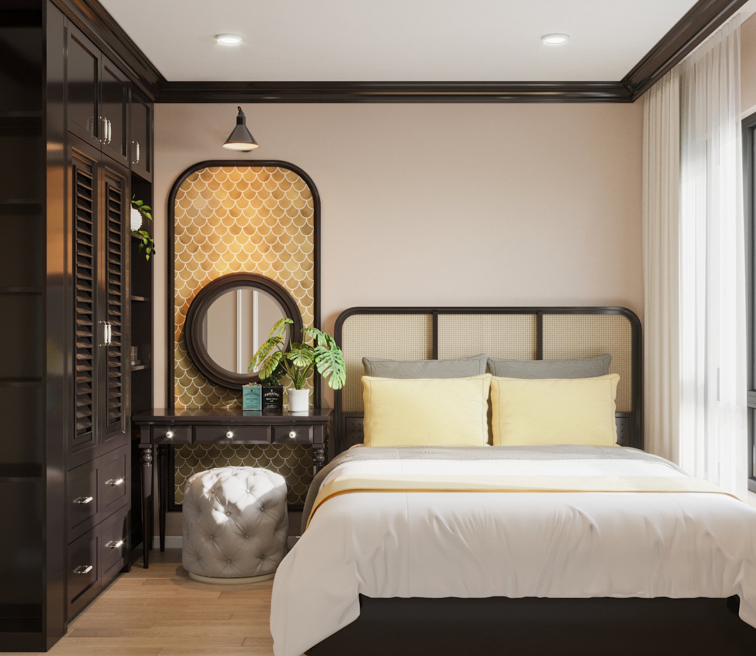 Phòng ngủ master không quá rộng rãi nhưng vẫn đầy đủ những tiện ích thiết yếu, bài trí theo phong cách Indochine sang trọng, ấm áp.