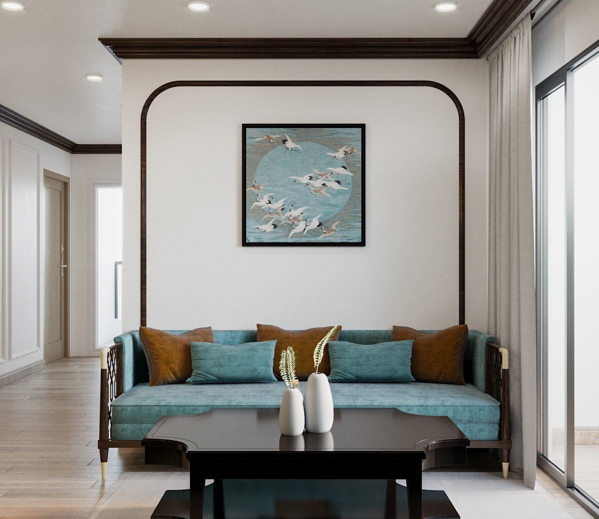 Phòng khách Indochine gọn đẹp, thoáng sáng với ghế sofa đệm màu xanh lam nhẹ nhàng cùng tông bức tranh tường phía sau, kết hợp hài hòa bàn trà gỗ màu đen sang trọng.
