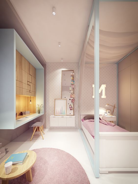 Phòng ngủ đẹp cho bé gái với màu tông màu hồng - trắng kết hợp hài hòa. Căn phòng đa chức năng gồm khu vực ngủ nghỉ, vui chơi, học tập gọn gàng.